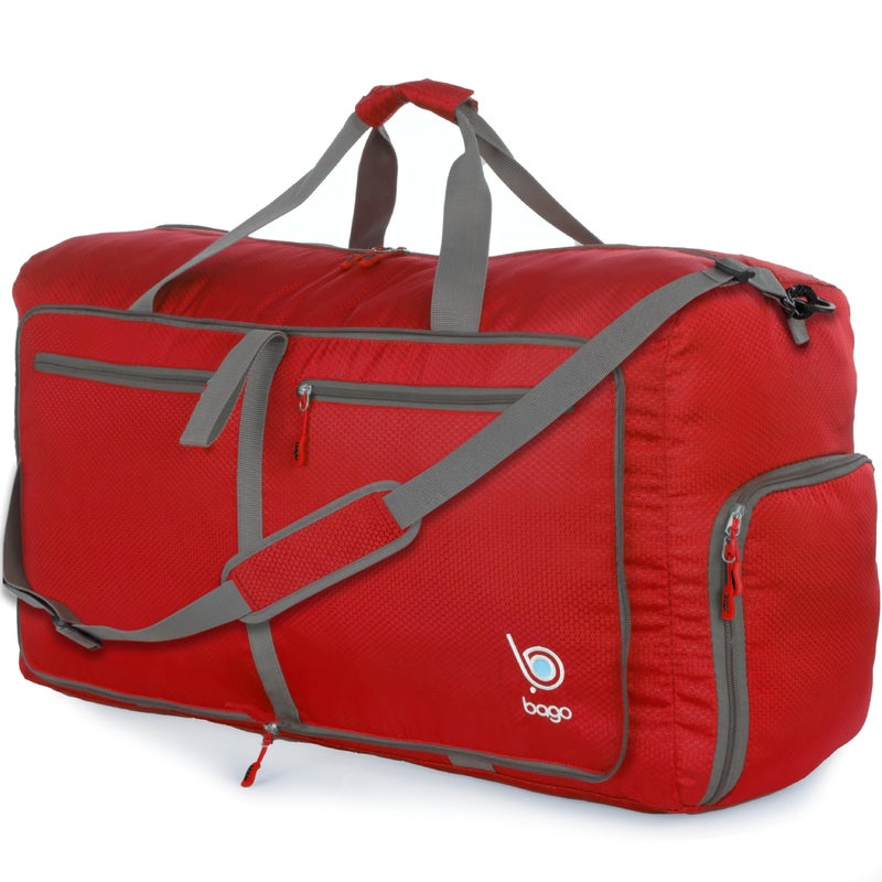 Bago Large Foldable Duffel Bags for Traveling Women & Men - 80L Packable Duffle Bag for Travel with Shoe Compartment - Water Repellant, Heavy Duty, Lightweight Folding & Collapsible (Red) - Image 1